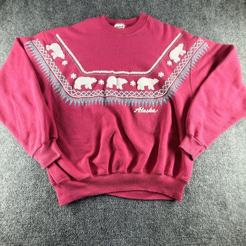 Vintage Hanes Activewear Alaska Polar Bear Pink Sweatshirt XL Puff Print 90s